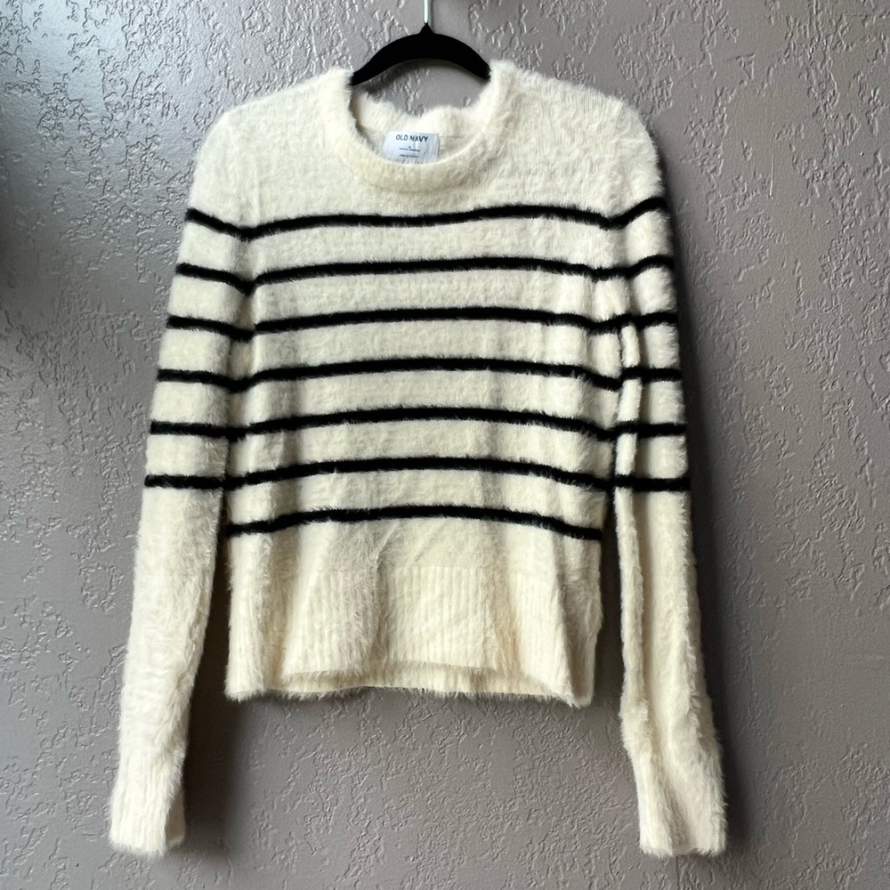 Old Navy Black and Cream Crew Neck Sweater with Stripes